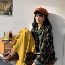 202hu春季新式女ou格子加厚长袖毛呢外套开衫上衣+T恤+半身裙