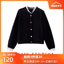 201hu秋季新式宫ua丝拼接上衣女复古打底针织衫女开衫短式外套