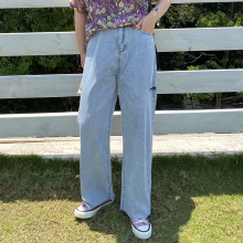 大码女hx胖妹妹mmdy洞牛仔裤秋季宽松百搭胯宽大粗腿女生裤子