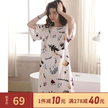 睡裙女hy季短袖纯棉wk松清新薄式中长式夏天睡衣女士连衣裙子