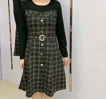 201hz秋季韩款时a0女士格子拼接连衣裙纽扣束腰显瘦气质淑女范