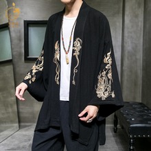 中国风ic绣亚麻道袍w8大码宽松新式日系和服休闲棉麻外套