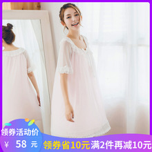 短袖公ic睡裙女夏日w8蕾丝可爱纯棉睡衣薄式(小)清新女生家居服