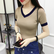 秋夏季ix式大V领百el显瘦上衣针织衫韩款套头拼色短袖女毛衣