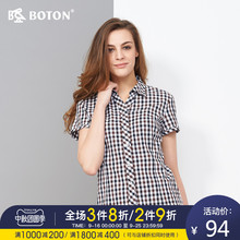 波顿/jboton女jf棉(小)方格短袖格子中年衬衫女薄式夏天妈妈衬衣