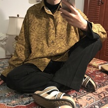 ER送jg带港风复古uq花衬衫男宽松长袖衬衣潮个性植物印花衬衣