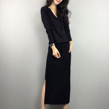201ji秋冬新式网yu长袖打底针织衫女慵懒宽松中长式加厚毛衣裙
