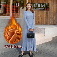 秋冬加ji毛衣女超长hi修身内搭荷叶边打底加绒长裙过膝连衣裙