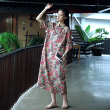 夏季2ji20式女改pu民族风女装棉麻长式盘扣袍子中式复古连衣裙