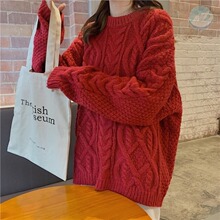 红色衣jl圆领毛衣新l0温柔甜美宽松纯色洋气搭日系学生女生百