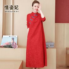 中式唐jl改良旗袍裙l0国风汉服复古盘扣大码棉麻茶服连衣裙女