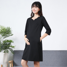 孕妇职jm工作服20m1冬新式潮妈时尚V领长袖黑色纯棉上班连衣裙