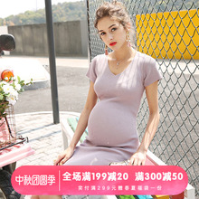 孕妇针jm连衣裙气质td尚新式潮妈V领弹力修身秋装打底裙子