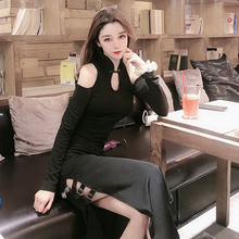 秋装2ju20新式性jw长袖修身显瘦高开叉连衣裙暗黑少女长式旗袍