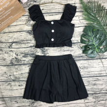 (小)清新ka体泳衣女显iz保守裙式平角学生纯色性感泳装