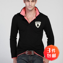 男式加kf保暖绣花打zq拼色双领立领翻领修身韩款纯棉T恤POLO