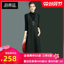 海青蓝kf020春夏zq美纯色V领背心裙女修身百搭毛呢连衣裙2455