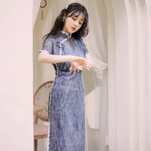 走秀演kq旗袍女夏季qc1新式中国风日常改良雪纺盖袖中长式连衣裙