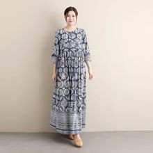 春夏季ku式女青花七uo连衣裙棉麻印花复古民族风原创文艺拍照