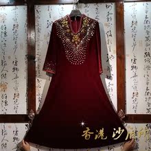 手工串ku高贵气质南fq袍裙秋冬装喜妈妈婆婆长式中袖女礼服裙