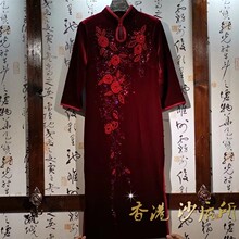 喜妈妈ku婆手工串珠fq袍裙弹力时尚长式七分袖修身旗袍礼服