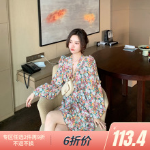 大花媛kuHY202un春夏装复古法式抽褶设计显瘦雪纺碎花连衣裙女