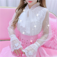 韩国2kv20新式蕾ta网纱白衬衫减龄仙女系带衬衫长袖衬衣上衣女