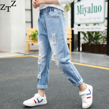 女童破ky牛仔裤春秋yf宝宝老爹裤秋季洋气中大童装长裤子宽松