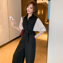 MIUlaO撞色拼接er高腰系腰带宽松阔腿连体裤女装2021春夏新式