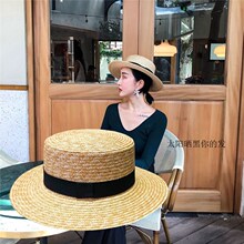 草编麦lc平顶草帽女dk清新礼帽出游海边防晒遮阳帽夏沙滩帽子