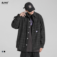 BJHlc春季格子衬dk潮牌港风宽松OVERSIZE磨毛黑色长袖衬衣外套