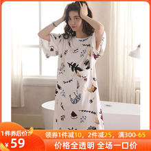 睡裙女li季短袖纯棉ue松清新薄式中长式夏天睡衣女士连衣裙子