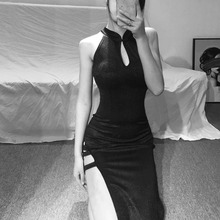 黑色性li镂空改良旗ng020新式挂脖长式显瘦修身开叉夜场长裙子