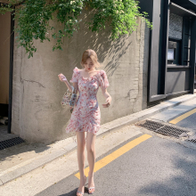 ByYlju 夏季复vn碎花雪纺连衣裙收腰显瘦荷叶边气质印花裙子