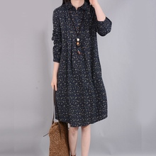 202lj春装大码碎xw衬衫裙女宽松显瘦长袖印花亚麻衬衣打底裙子