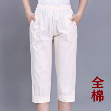 中老年lq装夏装女裤ok妈妈裤夏式纯棉绣花裤子中年大码松紧裤