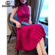格润雅lq媛裙子女2ok夏装时尚性感无袖百褶裙气质法式复古连衣裙