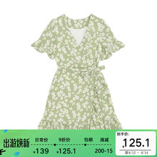 【9折lu欢价】(小)雏ng裙女夏装收腰显瘦V领(小)个子碎花雪纺短裙