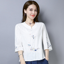 民族风lx绣花棉麻女nr20夏季新式七分袖T恤女宽松修身短袖上衣
