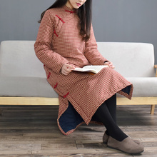 冬季民lz复古做旧细yf棉加厚棉袍立领盘扣长式棉衣茶服女