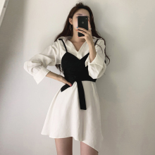韩国cmiic复古修rz裹胸吊带背心+翻领纯色显瘦不规则连衣裙女