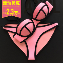 澳洲泳mj女(小)胸钢托zj胶荧光色温泉泳装欧美拼色bikini