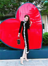 冬季名mk复古气质女bc身旗袍长袖保暖丝绒开叉包臀中长连衣裙