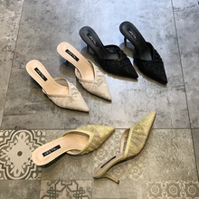 女式凉mr鞋2020ti尚性感蕾丝网纱透气舒适包头半拖鞋细高跟鞋