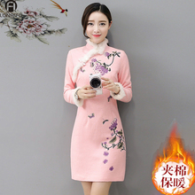 202mx秋冬季夹棉ny加厚保暖长袖修身羊毛呢改良款旗袍连衣裙子