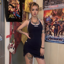 KLImxU 欧美字vv挂脖式拼色吊带连衣裙收腰显瘦百搭chic短裙女