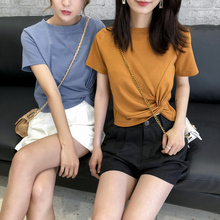 纯棉短na女2021ui式ins潮打结t恤短式纯色韩款个性(小)众短上衣