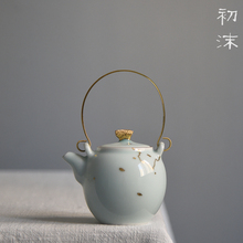 初沫陶nc景德镇原创yh工描金泡茶壶影青铜提梁(小)茶壶