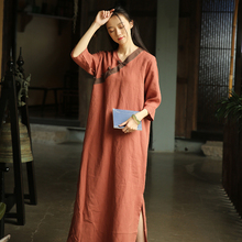 女唐装ne良汉服复古al长裙中国风夏装禅意茶服中式亚麻连衣裙
