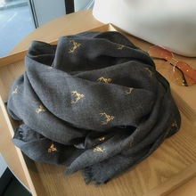 烫金麋ni棉麻女百搭71冬季两用超大披肩保暖黑色长式丝巾